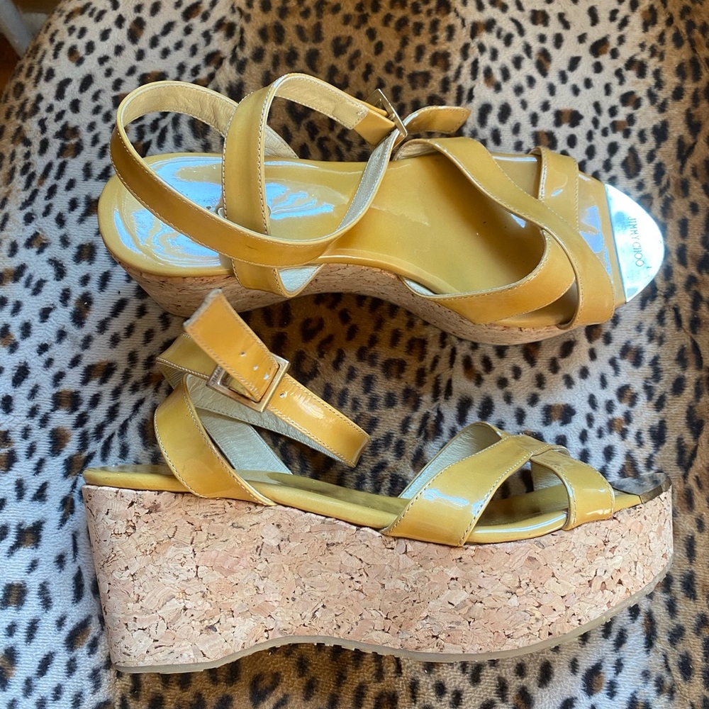 Jimmy Choo patent leather Yellow Cork Wedge Sandals